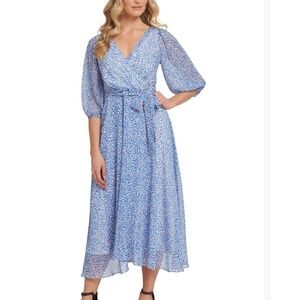DKNY Printed Balloon-Sleeve Faux-Wrap Dress Blue Cheetah Print Size 8